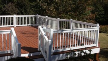 Looking at a deck that is built from Nexan LockDry Aluminum decking with a matching white aluminum railing. The deck is overlooking the back yard with green grass and pine trees in the background on a warm summer day.
