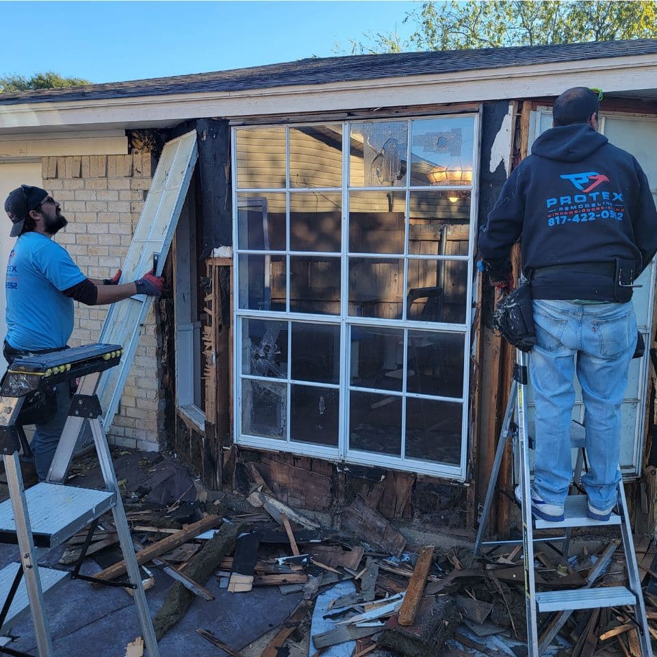 ProTex Remodeling is repairing years of damage to a wall that was caused by leaking windows in Grand Prairie, Texas.